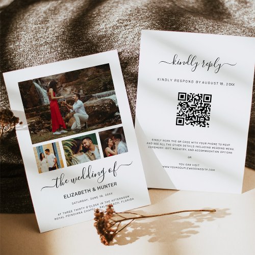 Modern Script 4 Photo Collage QR Code RSVP Wedding Invitation