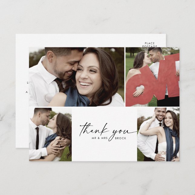 Modern Script 4 Photo Collage Wedding Thank You Postcard (Front/Back)