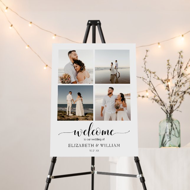 Modern Script 4 Photo Collage Wedding Welcome Sign (In Situ (Stand))