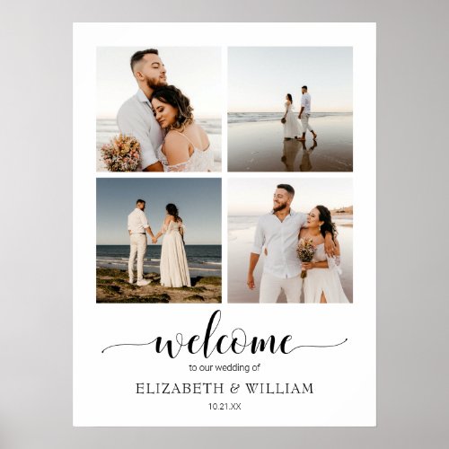 Modern Script 4 Photo Collage Wedding Welcome Sign