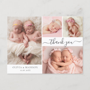 Modern Script 4 Photo Girl Twins Baby Thank You Postcard