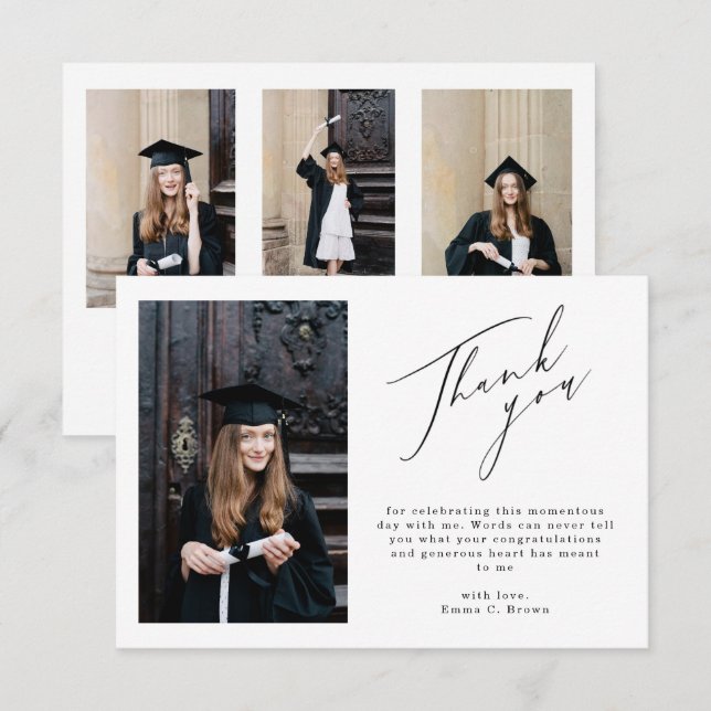 Modern Script 4 Photo Graduation Thank You Card (Front/Back)