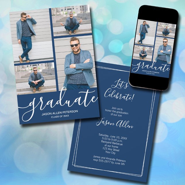Modern Script 4 Photo Navy Blue Graduation Announcement (Modern script 4 photo navy blue graduation announcements - PRINTED and/or INSTANT DOWNLOAD)