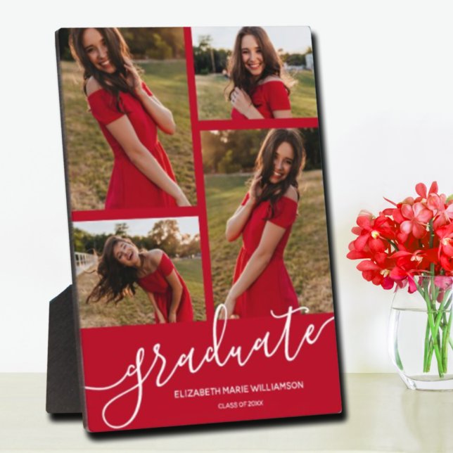 Modern Script 4 Photo Red Graduation Keepsake Plaque (Creator Uploaded)