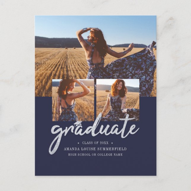 Modern Script 4 Photos Graduation 2026 Announcement Postcard (Front)