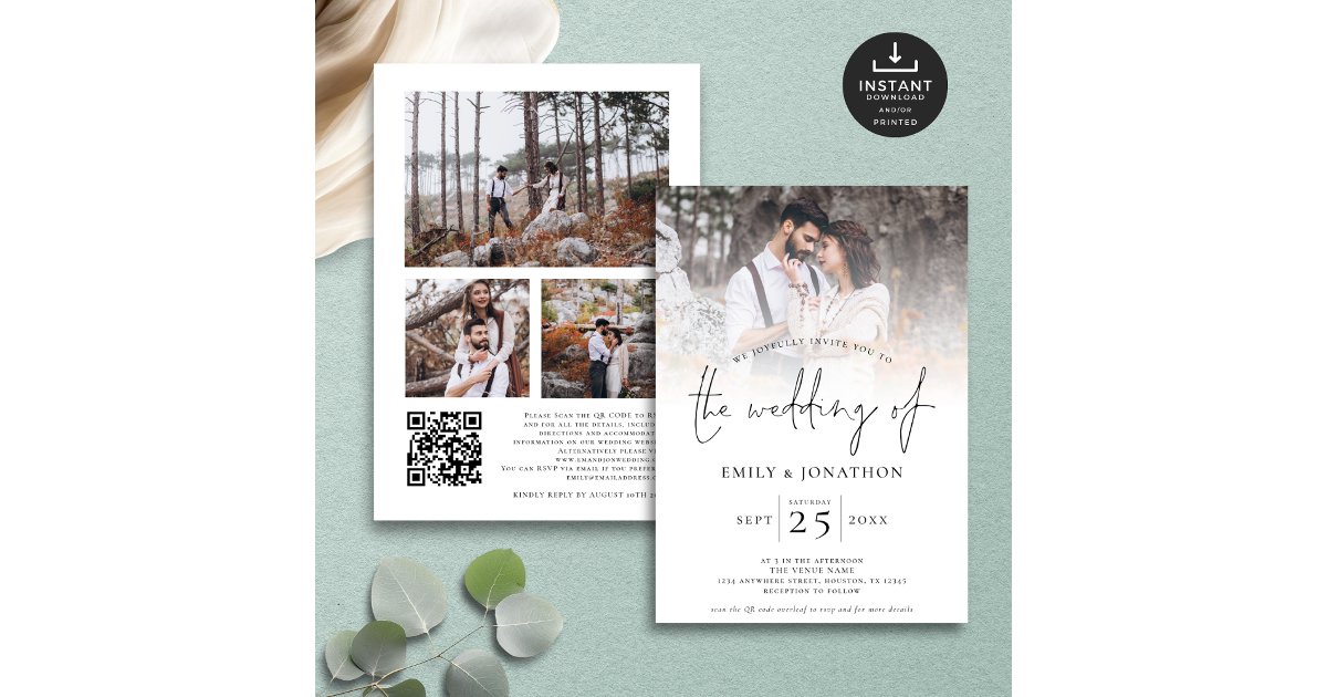 Modern Script 4 Photos Overlay QR Code Wedding Invitation | Zazzle