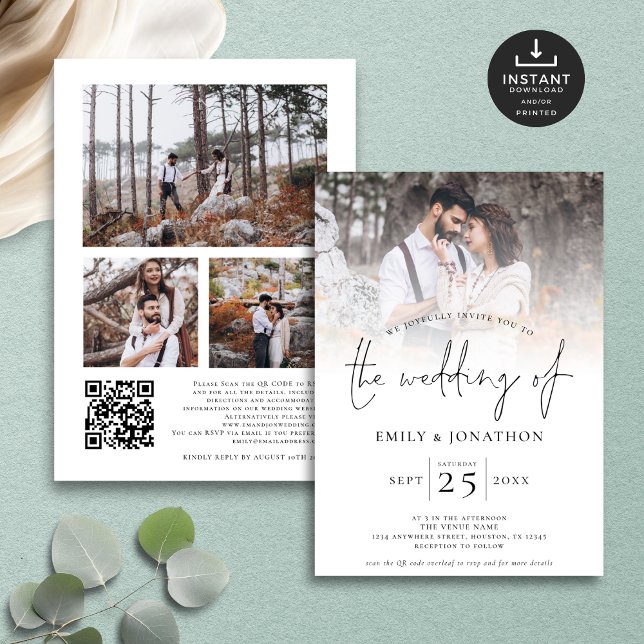Modern Script 4 Photos Overlay QR Code Wedding  Invitation (Front and back view)