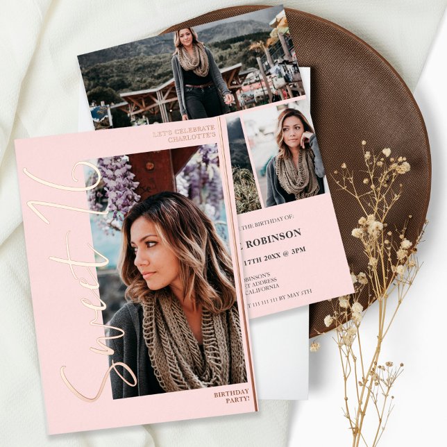 Modern script 4 photos pink Sweet 16 rose gold Foil Invitation (Creator Uploaded)