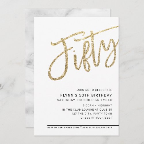 MODERN SCRIPT 50th birthday fifty gold glitter Invitation