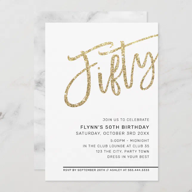 MODERN SCRIPT 50th birthday fifty gold glitter Invitation | Zazzle