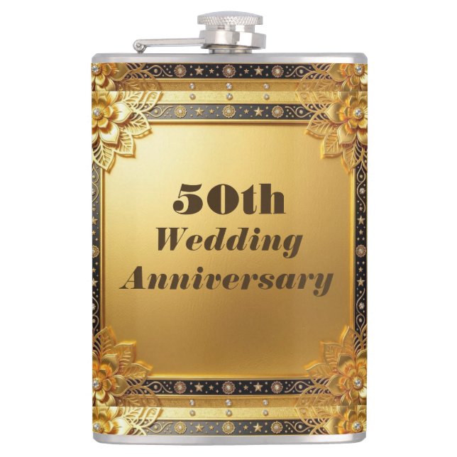 Modern Script 50th Wedding Anniversary Faux Gold  Flask (Front)