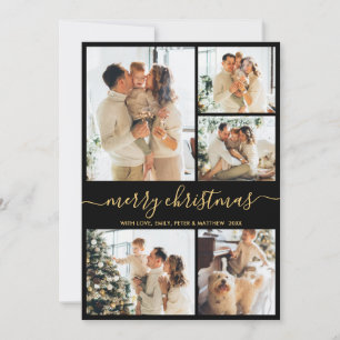 Modern Script 5 Photo Collage Black Gold Christmas Holiday Card