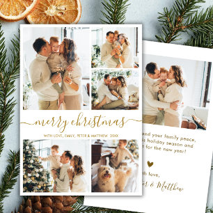 Modern Script 5 Photo Collage Gold White Christmas Holiday Card