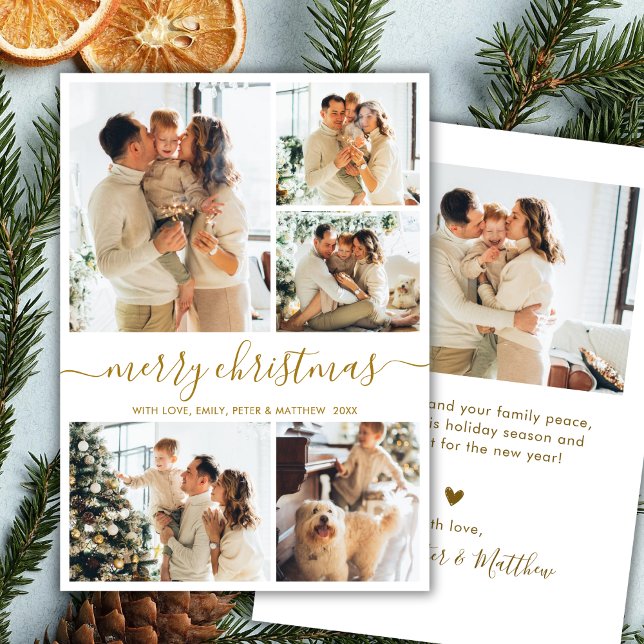 Modern Script 5 Photo Collage Gold White Christmas Holiday Card (Creator Uploaded)