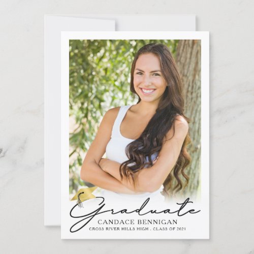 Modern Script 5 Photo Graduation Announcement - Announce your high school or college graduate's achievement with this modern, elegant handwritten script typography GRADUATE title design announcement featuring 5 photos (1 on the front and 4 on the back) with faux gold foil graduation cap or mortarboard accent. The back is designed to include information about your graduates achievements, activities and future plans as desired. PHOTO TIP:  Pre-crop/size your photos into a similar shape as shown or have the subject in the middle BEFORE uploading. CHANGES:  Select a different background color or choose a styled graphic background or change the custom text font style, size, color or placement for a custom look by clicking CUSTOMIZE FURTHER. Contact the designer via Zazzle Chat or makeitaboutyoustore@gmail.com if you'd like this design modified or on another product.
