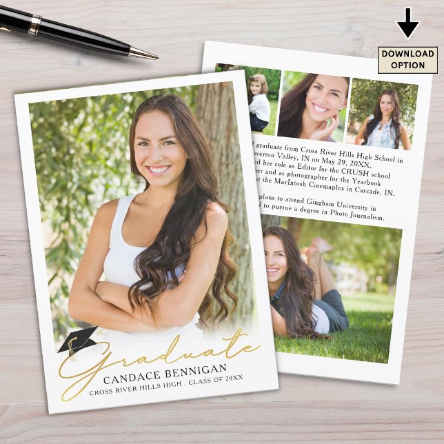 Modern Script 5 Photo Metallic Gold Graduation Announcement (Creator Uploaded)