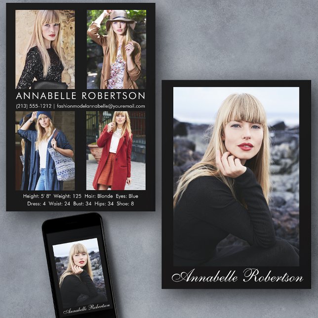 Modern Script 5 Photo Model Actor Comp Card (Customize to change background color, text size or text style. Available for prints and download.)