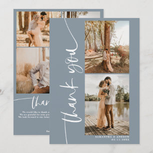 Modern script 5 photo wedding dusty blue thank you card
