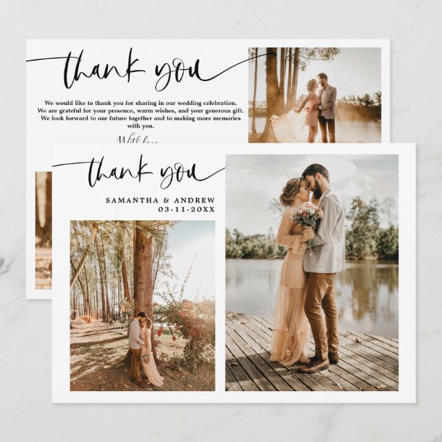 Modern script 5 photos white thank you wedding card (Front/Back)