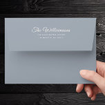 Modern Script 5 x 7 Return Address Dusty Blue Envelope<br><div class="desc">Formal preprinted envelopes with return address,  customizable in color,  size and paper type in a modern script typeface. This is the dusty blue version.</div>
