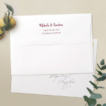 Modern Script 5 x 7 White Return Address Envelope<br><div class="desc">These white pre-addressed 5 x 7 invitation envelopes are easy to customize with your details. They're great for weddings and other occasions, too! We've placed your return address on the flap in an elegant shade of burgundy, but you can easily change the text color to suit your style. In that...</div>