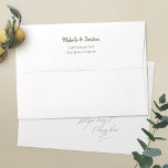 Modern Script 5 x 7 White Return Address Envelope<br><div class="desc">These white pre-addressed 5 x 7 invitation envelopes are easy to customize with your details. They're great for weddings and other occasions, too! We've placed your return address on the flap in an elegant medium dark shade of green, but you can easily change the text color to suit your style....</div>