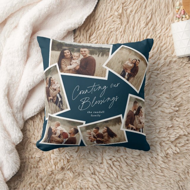 Modern Script 6 Photo Collage Christmas Throw Pillow (Blanket)