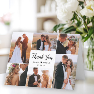 Modern Script 6 Photo Collage Heart Wedding  Letterpress Thank You Card