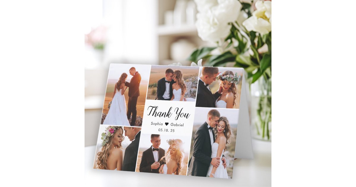 Modern Script 6 Photo Collage Heart Wedding Thank You Card | Zazzle
