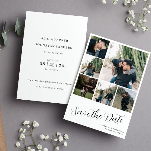 Modern script 6 photo collage simple wedding  save the date