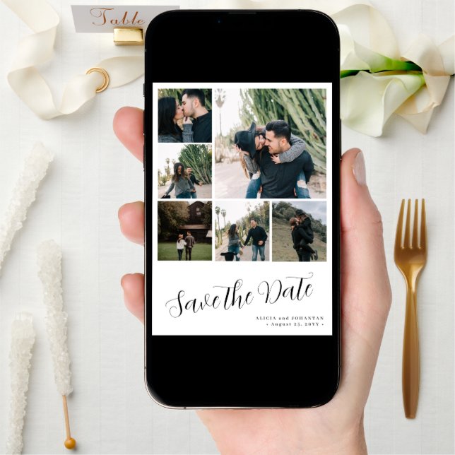 Modern script 6 photo collage simple wedding  save the date (Front Digital)