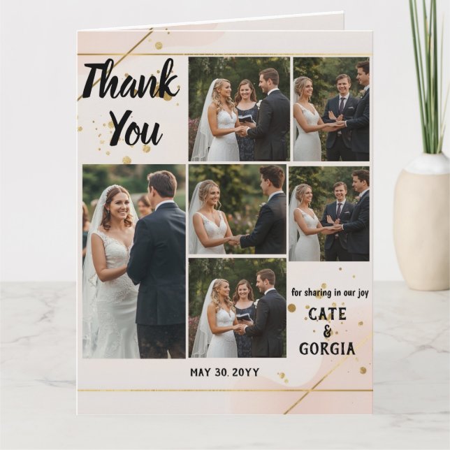 Modern Script 6-Photo Wedding Collage Design Letterpress Thank You Card (Front)