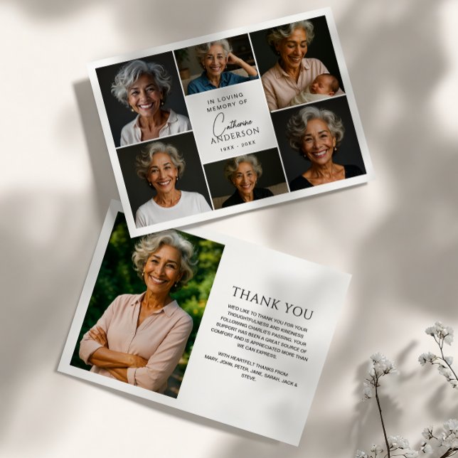 Modern Script 7-Photo Collage Funeral/Memorial Thank You Card (Creator Uploaded)
