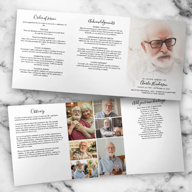 Modern Script 7-Photo Funeral/Memorial Tri-Fold Program | Zazzle
