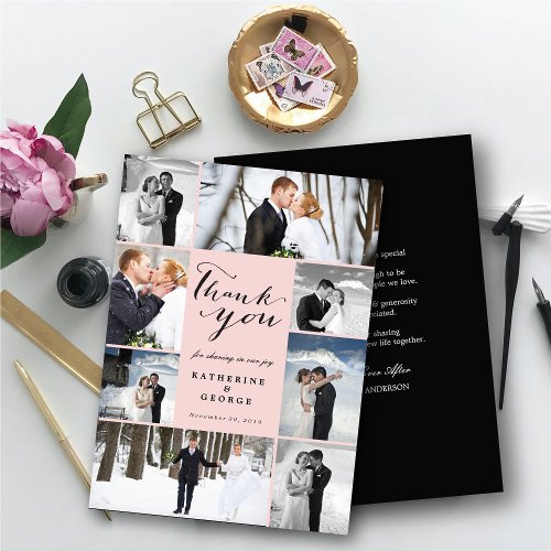 Modern Script 8 Multi Photo Stylish Pink Wedding Thank You Card