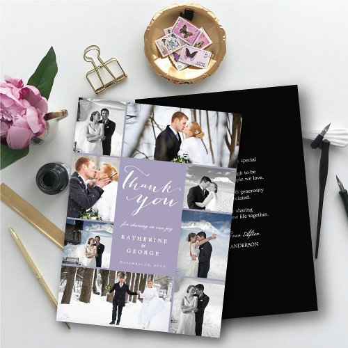 Modern Script 8 Multi Photo Stylish Purple Wedding Thank You Card