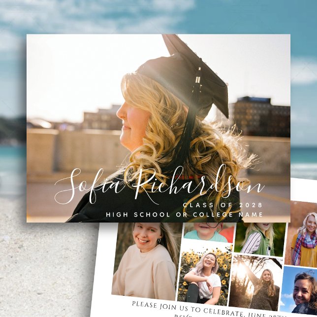 Modern Script 8 Photo Collage Simple Graduation  Invitation (Creator Uploaded)