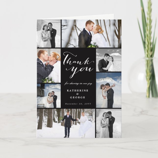 Modern Script 8-Photo Wedding Collage Design Letterpress Thank You Card (Front)