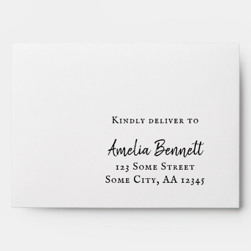Modern Script A7 Return Address Wedding Envelope - Modern Script Typography A7 Return Address Wedding Envelope. Elegant Return Address envelope for wedding RSVP, with an address on the front side. Personalize with your address and change or erase the text Kindly deliver to if you want. Personalize the envelope with your name and address. Great for your wedding, engagement and save the date mailing.