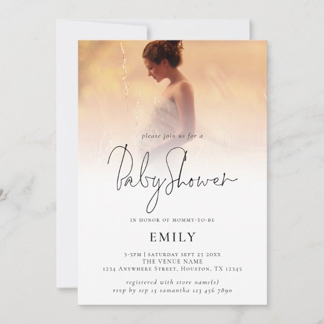 Modern Script Add Photo Overlay Baby Shower Invitation (Front)