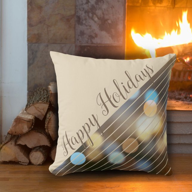 Modern Script and Stripes Bokeh Christmas Holiday Throw Pillow (Creator Uploaded)