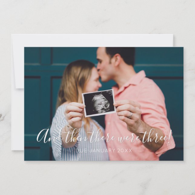 Modern Script And Then There Were Three Pregnancy Announcement (Front)