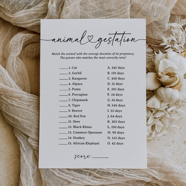 Modern Script Animal Gestation Baby Shower Game Invitation (Creator Uploaded)