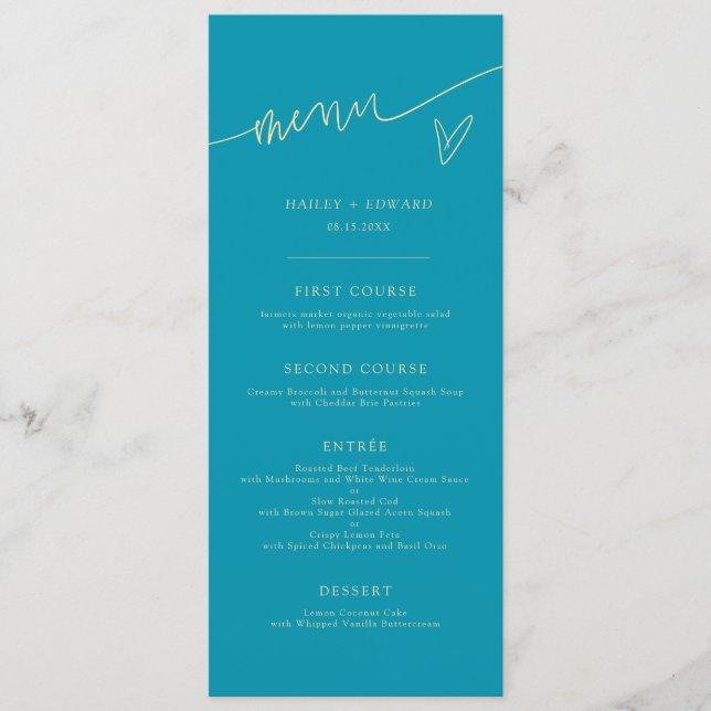 Modern Script Aqua Blue Wedding Menu (Front)