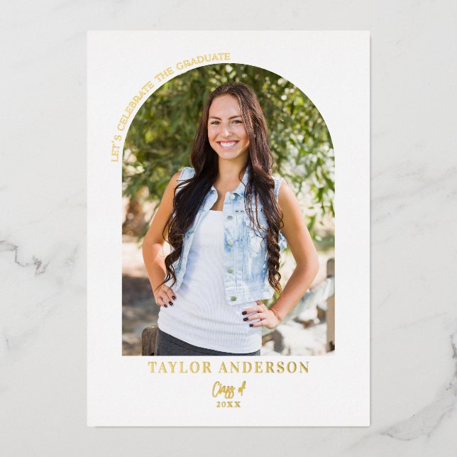 Modern Script Arch Photo Blue Graduation Party Foil Invitation (Front)