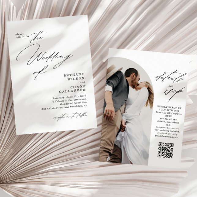 Modern Script Arch Photo QR Code Wedding Invitation (Creator Uploaded)