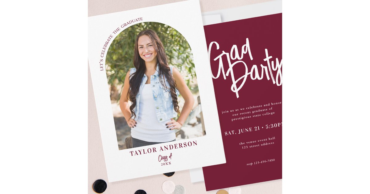 Grad Party Invite Script Modern Script Arch Photo Wine Red Grad Party Invitation | Zazzle