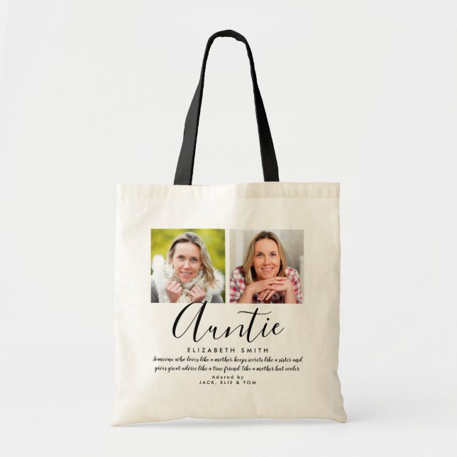 Modern Script Auntie Quote Photo Tote Bag (Front)