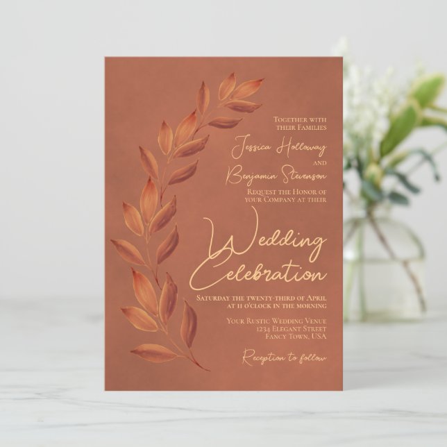 Modern Script & Autumn Leaves Terracotta Wedding Invitation (Standing Front)