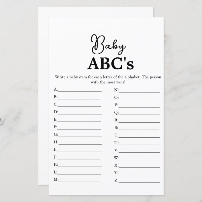  Modern script Baby Abc's baby shower game (Front/Back)